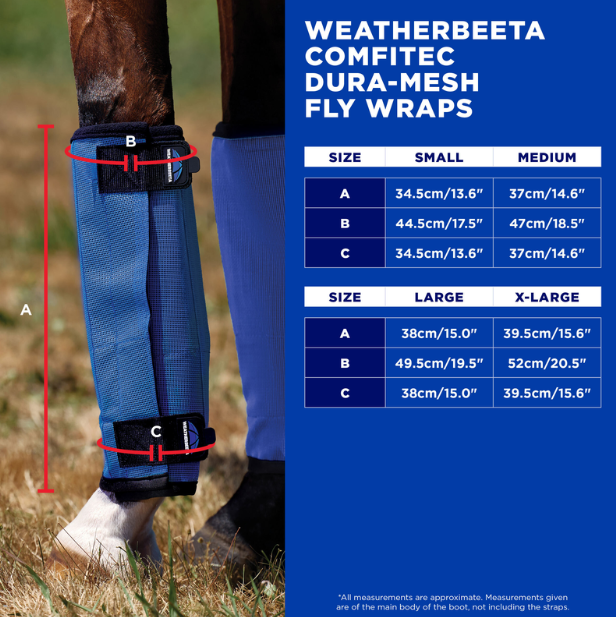 2026 WEATHERBEETA COMFITEC DURA-MESH FLY WRAPS  Tableau des tailles